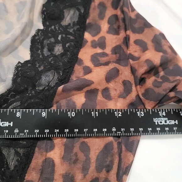 Y2K Womens Cropped Mesh Top Size Medium Leopard Print Lace Trim Button Up Bell - Picture 7 of 7